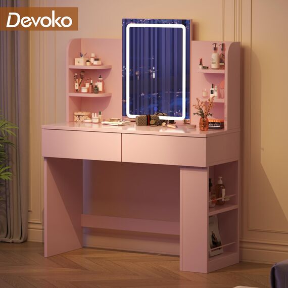 Devoko Schminktisch mit LED Beleuchtung, Spiegel, Einstellbarer Helligkeit, 108x40x136 cm, Frisiertisch mit 2 Schubladen, 4 Ablagen, Modern Kosmetiktisch, Rosa