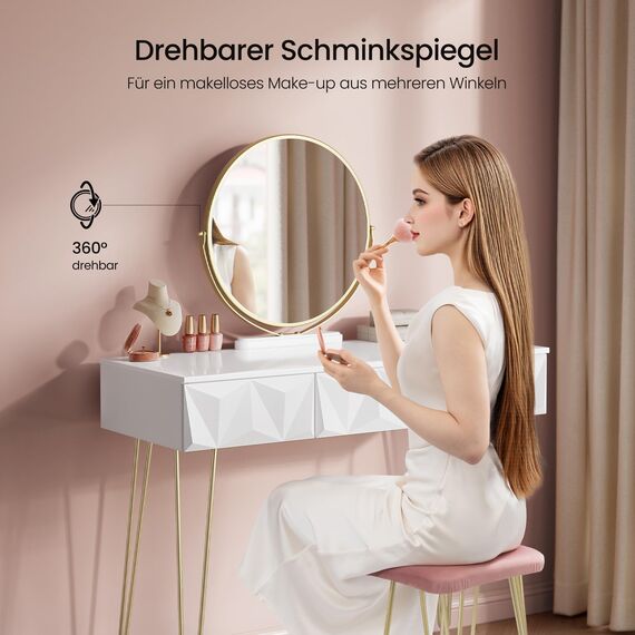 EUGAD Schminktisch mit Spiegel und Samt-Hocker, Frisiertisch mit 3 Schubladen, mit 3D Effekt, Modernes Design, Tischplatte Hochglanz 100 cm, Einfache Montage, Weiß + Golden, 0016SZT