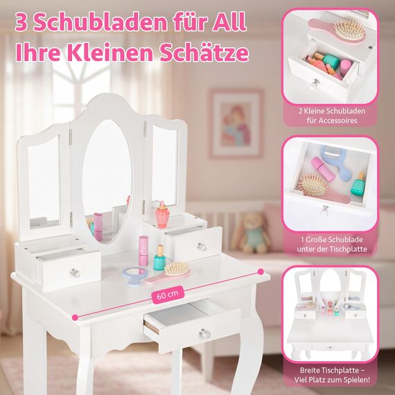 Green series Kinderplay Kids Vanity Table with Mirror – Sturdy Wooden Dressing Table – for Girls’ Bedroom & Pretend Play – White Finish
