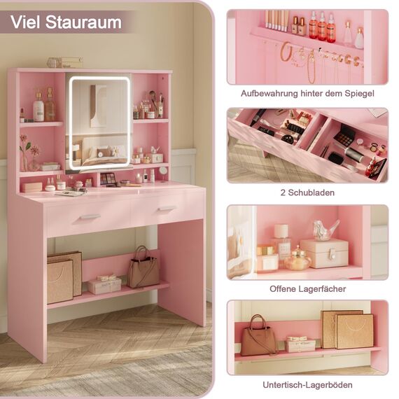 Devoko Schminktisch mit LED-Beleuchtung, Einstellbare Helligkeit, 3 Farben, Frisiertisch mit Spiegel, Schubladen, Offenen Fächern, Schminktisch mit Schmuckablage,90×40cm, Rosa