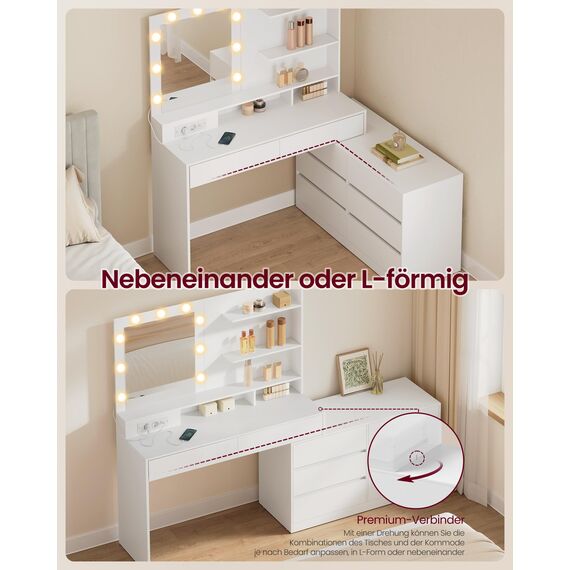 VASAGLE Kailyn Kollektion - Schminktisch mit Spiegel und LED-Beleuchtung, Frisiertisch 9 Glühbirnen, 8 Schubladen, 3 Ablagen, 3 Lichtfarben, gerade oder L-förmig, wolkenweiß RDT140WB01
