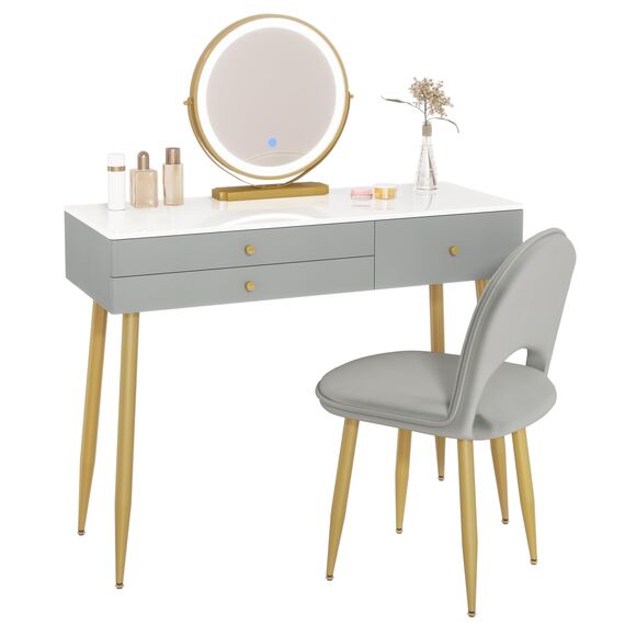 WOLTU Schminktisch mit Spiegel, Beleuchtung, Hocker, Schminktischstuhl aus Samt, modernes Frisiertisch Grau-Gold, mit 3 Schubladen, Einfach zu montieren, Make-up Tisch Schreibtisch für Schlafzimmer