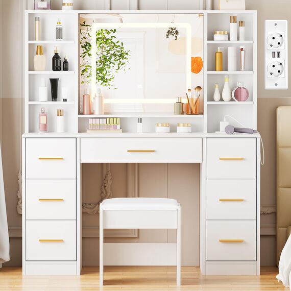 ANWBROAD Große Schminktisch mit LED-Beleuchtung und Steckdosen Moderner Weiß Kosmetiktisch mit Spiegel und Hocker 7 Schubladen und 4 Ablagen Frisiertisch 140×100×40cm BDT65W