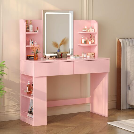Devoko Schminktisch mit LED Beleuchtung, Spiegel, Einstellbarer Helligkeit, 108x40x136 cm, Frisiertisch mit 2 Schubladen, 4 Ablagen, Modern Kosmetiktisch, Rosa