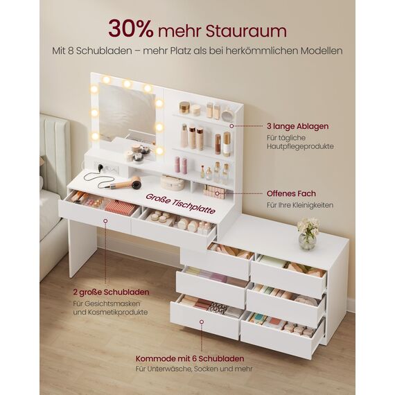 VASAGLE Kailyn Kollektion - Schminktisch mit Spiegel und LED-Beleuchtung, Frisiertisch 9 Glühbirnen, 8 Schubladen, 3 Ablagen, 3 Lichtfarben, gerade oder L-förmig, wolkenweiß RDT140WB01