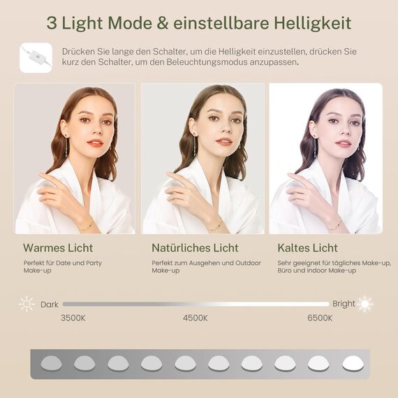TEENFON FIONESO Schminktisch mit 3 klappbaren Spiegeln, Schminktisch mit 10 LED-Leuchten und Steckdosen, Frisiertisch mit 3 Schubladen und Zwei Schränken, für Frauen, Schlafzimmer, Weiß