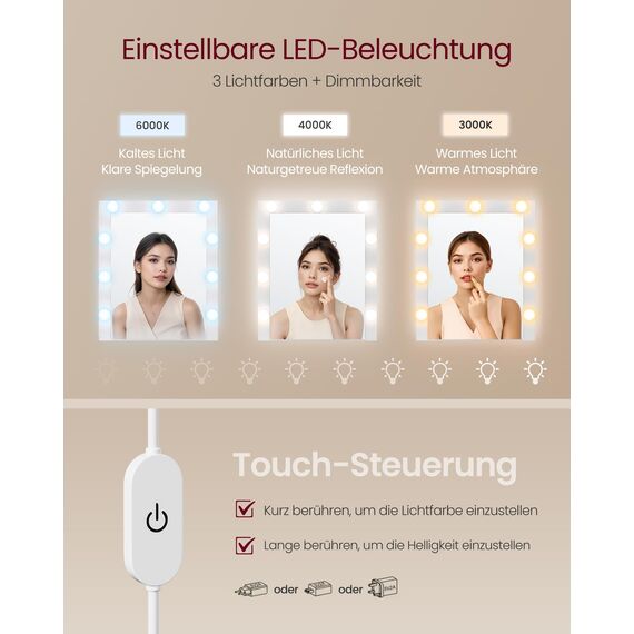 VASAGLE Kailyn Kollektion - Schminktisch mit Spiegel und LED-Beleuchtung, Frisiertisch 9 Glühbirnen, 8 Schubladen, 3 Ablagen, 3 Lichtfarben, gerade oder L-förmig, wolkenweiß RDT140WB01