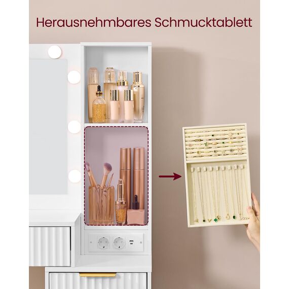VASAGLE Schminktisch mit Hocker und Spiegel, Frisiertisch mit Schubladen, Kosmetiktisch, 10x Vergrößerungsspiegel, LED-Leuchten, Schmucktablett, Ladestation, 40 x 110 x 135 cm, wolkenweiß RVT020WB01
