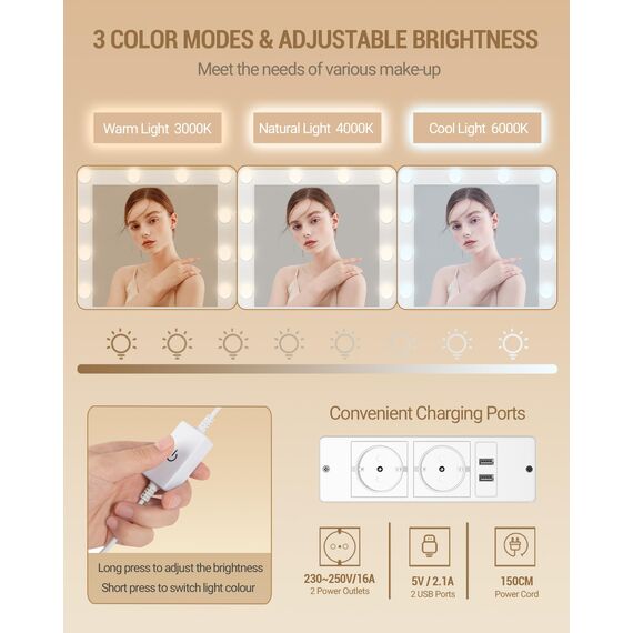 Hzuaneri Schminktisch mit 10 LED-Beleuchtung, Hocker, Frisiertisch mit Große Spiegel, Schminktische mit Stecker, Und Haartrocknerhalter, Und Mehreren Schubladen, Weiß DT39003X