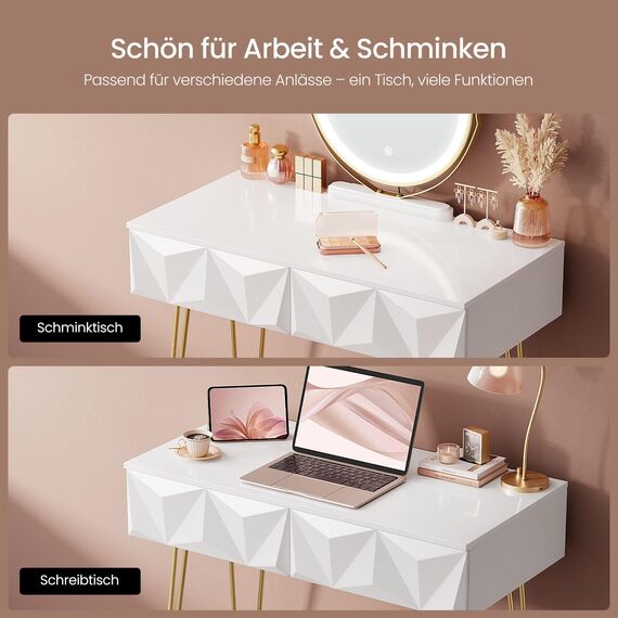 EUGAD Schminktisch mit Spiegel und Hocker, LED Beleuchtung, Samtstuhl, Frisiertisch mit 2 Schubladen, Modern Design, Einfache Montage, Weiß Hochglanz, Goldene Metallbeine, 80 cm Breite, 0056SZT