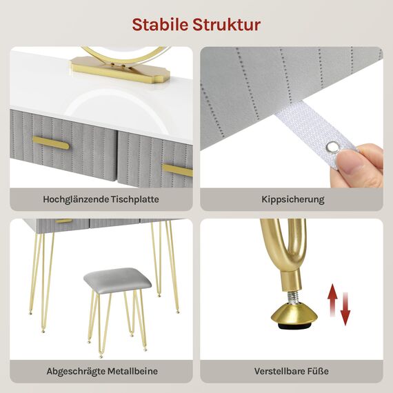 WOLTU Schminktisch mit Beleuchtung und Hocker, Frisiertisch mit Spiegel, 3 Schubladen aus Massivholz, Große Hochglanz Tischplatte 100x40cm, Modern Kosmetiktisch aus Samt Metall, Grau Weiß, MB6108gr