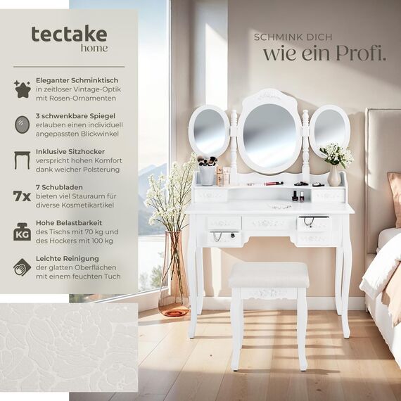 tectake® Schminktisch, Schminktisch Organizer mit 7 Schubladen und 3 Spiegeln, Kosmetiktisch inkl. Hocker, Schlafzimmer Deko Möbel, 90 x 40 x 145 cm, weiß