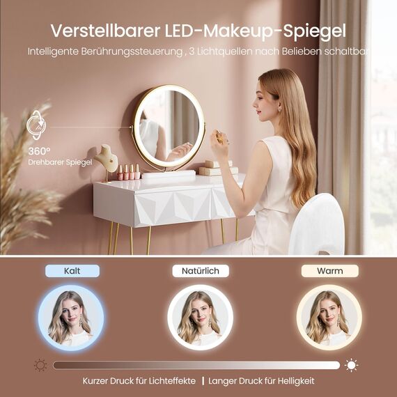 EUGAD Schminktisch mit Spiegel und Hocker, LED Beleuchtung, Samtstuhl, Frisiertisch mit 2 Schubladen, Modern Design, Einfache Montage, Weiß Hochglanz, Goldene Metallbeine, 80 cm Breite, 0056SZT
