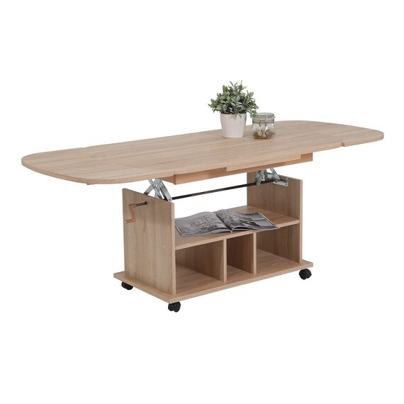 Hela Tische, Funktionscouchtisch Babsi, Holzwerkstoff melaminbeschichtet, Sonoma Eiche, höhenverstellbar 53-63cm, ausziehbar 107-157cm, auf Rollen