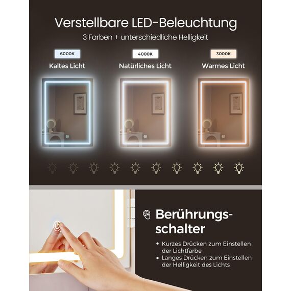VASAGLE Schminktisch mit LED-Beleuchtung, Hocker, einstellbare Helligkeit, Frisiertisch mit Spiegel, Kosmetiktisch mit Schubladen, offenen Fächern, verstellbaren Ablagen, modern, wolkenweiß