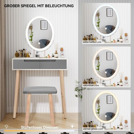 YU YUSING Schminktisch mit Beleuchtung Spiegel,Frisiertisch mit Schubladen, Kosmetiktisch mit gepolstertem Hocker, Kommode Make-up Tisch, Tisch für Frau, Modern（Oval）