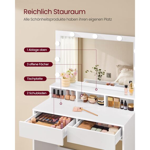 VASAGLE Schminktisch, mit LED-Beleuchtung, einstellbare Helligkeit, Frisiertisch mit Spiegel, Kosmetiktisch mit 2 Schubladen und 3 offenen Fächern, modern, wolkenweiß RDT120WB01