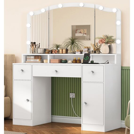 TEENFON FIONESO Schminktisch mit 3 klappbaren Spiegeln, Schminktisch mit 10 LED-Leuchten und Steckdosen, Frisiertisch mit 3 Schubladen und Zwei Schränken, für Frauen, Schlafzimmer, Weiß
