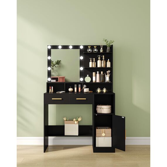 Hzuaneri Schminktisch mit Spiegel und 10 LED-Beleuchtung, Einstellbare Helligkeit, Schminkkommode mit 2 Schublade & 1 Schrank, 3 Ablagen & 4 offenen Fächern, Schwarz DT32506X