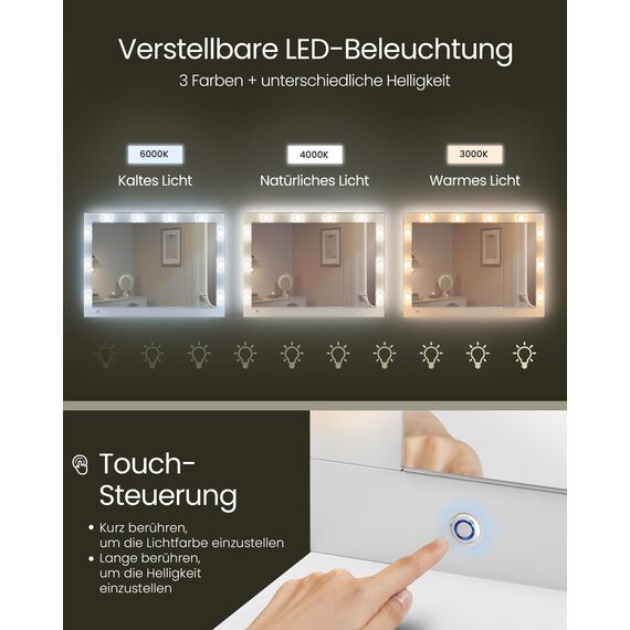 VASAGLE Schminktisch mit LED-Beleuchtung, Frisiertisch mit Spiegel, Hocker, Schmuckschrank, Steckdosenleiste, 40 x 125 x 140 cm, Kosmetiktisch, Schubladen, modern, wolkenweiß und pastellrosa RDT727W01