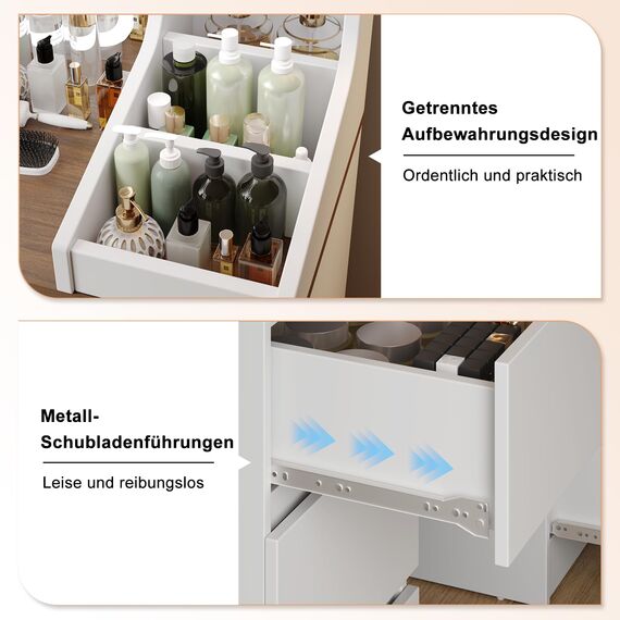 TRIUMPHKEY Schminktisch mit LED Beleuchtung,Einstellbarer Helligkeit,Frisiertisch mit Spiegel,Moderner Kosmetiktisch mit 7 Schubladen, 4 Ablagen und 3 offenen Fächern, Braun+Weiß