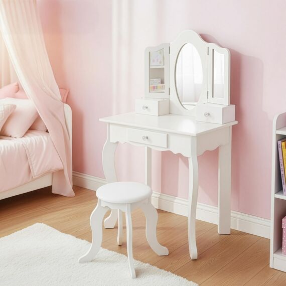 Green series Kinderplay Kids Vanity Table with Mirror – Sturdy Wooden Dressing Table – for Girls’ Bedroom & Pretend Play – White Finish