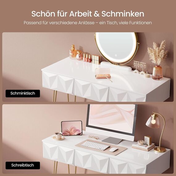 EUGAD Schminktisch mit Spiegel und Hocker, LED Beleuchtung, Samtstuhl, Frisiertisch mit 3 Schubladen, Modern Design, Einfache Montage, Weiß Hochglanz, Goldene Metallbeine, 100 cm Breite, 0054SZT