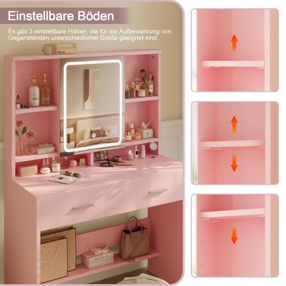 Devoko Schminktisch mit LED-Beleuchtung, Einstellbare Helligkeit, 3 Farben, Frisiertisch mit Spiegel, Schubladen, Offenen Fächern, Schminktisch mit Schmuckablage,90×40cm, Rosa