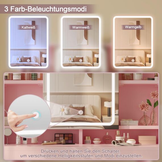 Devoko Schminktisch mit LED-Beleuchtung, Einstellbare Helligkeit, 3 Farben, Frisiertisch mit Spiegel, Schubladen, Offenen Fächern, Schminktisch mit Schmuckablage,90×40cm, Rosa
