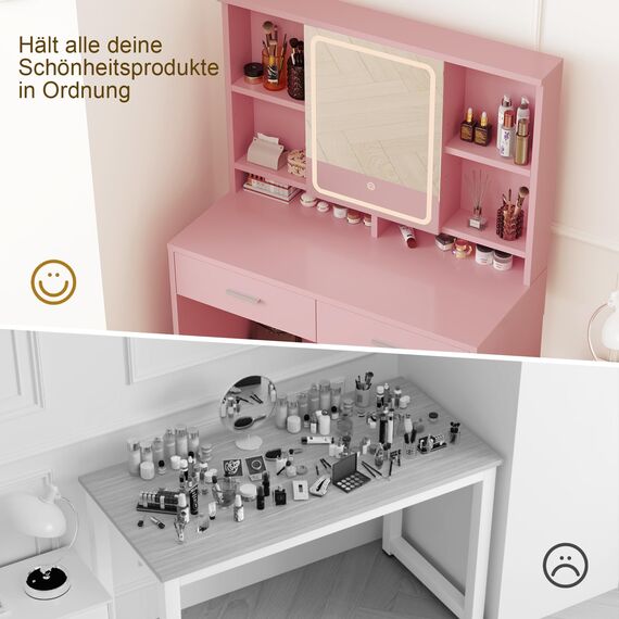 Airfish Schminktisch mit LED Beleuchtung Spiegel, Verstellbar Helligkeitsgeregeltem, Frisiertisch mit 2 Schubladen, Verstellbaren Regalen, Schmuckablage, Modernem Stil (Rosa)