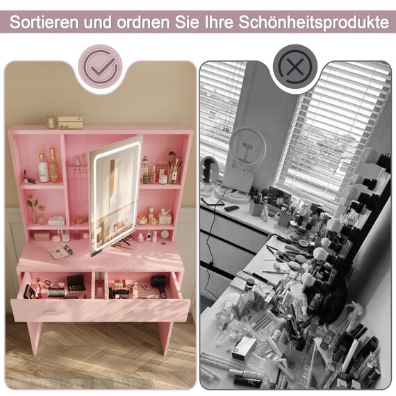 Devoko Schminktisch mit LED-Beleuchtung, Einstellbare Helligkeit, 3 Farben, Frisiertisch mit Spiegel, Schubladen, Offenen Fächern, Schminktisch mit Schmuckablage,90×40cm, Rosa
