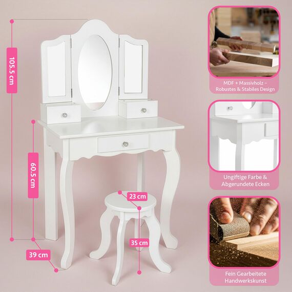 Green series Kinderplay Kids Vanity Table with Mirror – Sturdy Wooden Dressing Table – for Girls’ Bedroom & Pretend Play – White Finish