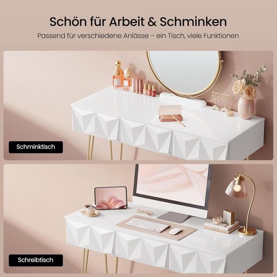 EUGAD Schminktisch mit Spiegel und Samt-Hocker, Frisiertisch mit 3 Schubladen, mit 3D Effekt, Modernes Design, Tischplatte Hochglanz 100 cm, Einfache Montage, Weiß + Golden, 0016SZT