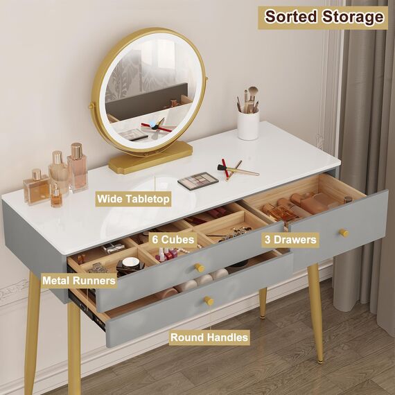 WOLTU Schminktisch mit Spiegel, Beleuchtung, Hocker, Schminktischstuhl aus Samt, modernes Frisiertisch Grau-Gold, mit 3 Schubladen, Einfach zu montieren, Make-up Tisch Schreibtisch für Schlafzimmer