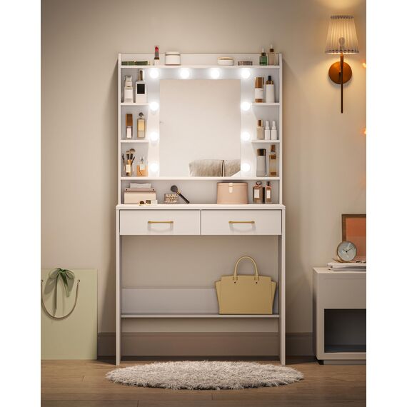 Hzuaneri Schminktisch mit Spiegel, Schminktisch mit Ablageflächen und 2 Schubladen, für Schlafzimmer, Wohnzimmer, Verstellbare Helligkeit, 40 x 80 x 149 cm, Weiß