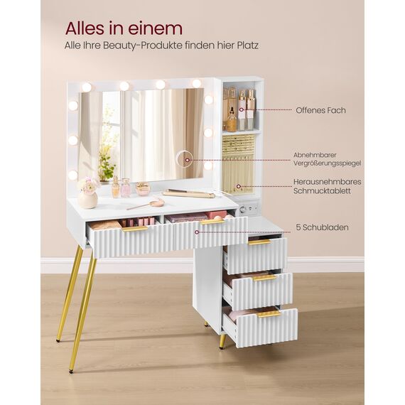 VASAGLE Schminktisch mit Hocker und Spiegel, Frisiertisch mit Schubladen, Kosmetiktisch, 10x Vergrößerungsspiegel, LED-Leuchten, Schmucktablett, Ladestation, 40 x 110 x 135 cm, wolkenweiß RVT020WB01