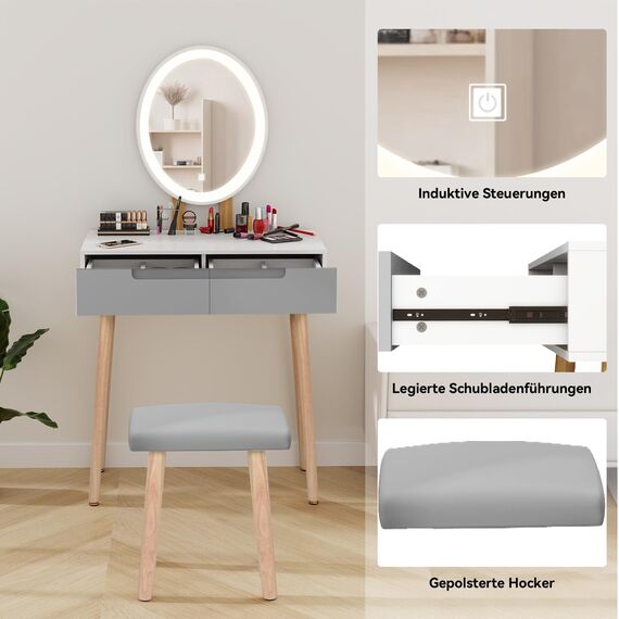 YU YUSING Schminktisch mit Beleuchtung Spiegel,Frisiertisch mit Schubladen, Kosmetiktisch mit gepolstertem Hocker, Kommode Make-up Tisch, Tisch für Frau, Modern（Oval）