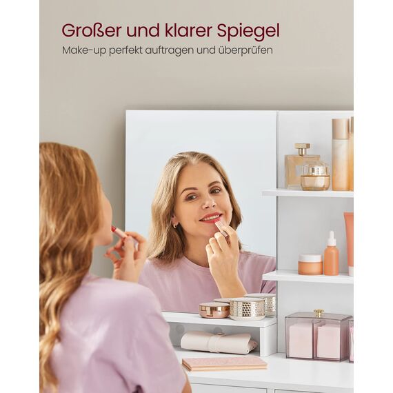VASAGLE Kailyn Kollektion - Schminktisch mit Hocker, Frisiertisch mit Spiegel, Kosmetiktisch, Schublade und offene Ablagen, Schrank mit 2 verstellbaren Ablagen, weiß RDT719W01