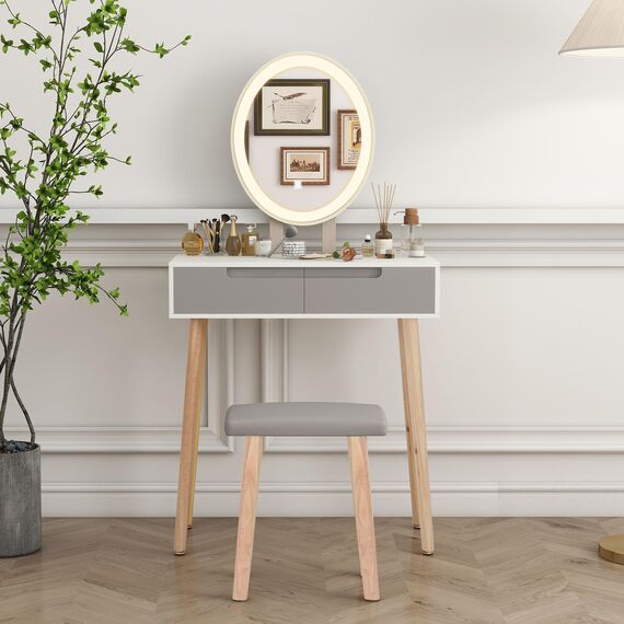 YU YUSING Schminktisch mit Beleuchtung Spiegel,Frisiertisch mit Schubladen, Kosmetiktisch mit gepolstertem Hocker, Kommode Make-up Tisch, Tisch für Frau, Modern（Oval）
