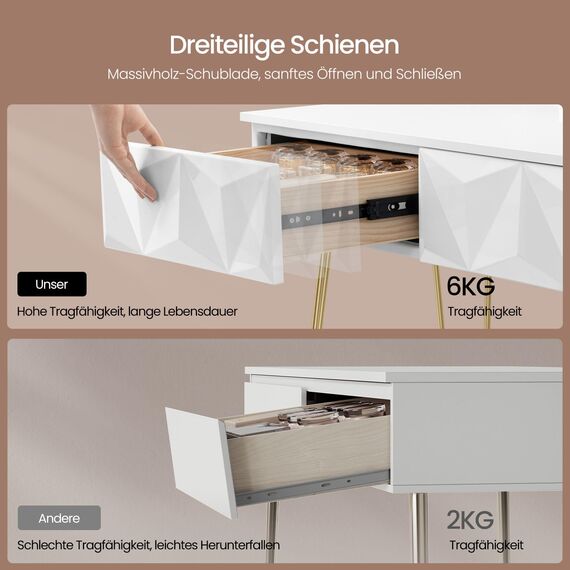 EUGAD Schminktisch mit Spiegel und Hocker, LED Beleuchtung, Samtstuhl, Frisiertisch mit 2 Schubladen, Modern Design, Einfache Montage, Weiß Hochglanz, Goldene Metallbeine, 80 cm Breite, 0056SZT