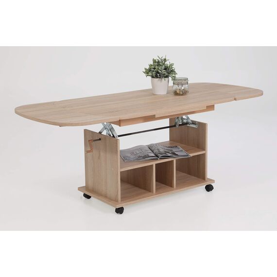 Hela Tische, Funktionscouchtisch Babsi, Holzwerkstoff melaminbeschichtet, Sonoma Eiche, höhenverstellbar 53-63cm, ausziehbar 107-157cm, auf Rollen