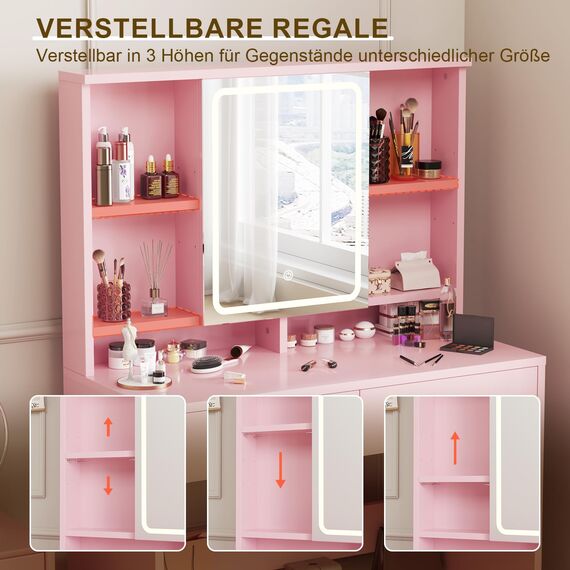 Airfish Schminktisch mit LED Beleuchtung Spiegel, Verstellbar Helligkeitsgeregeltem, Frisiertisch mit 2 Schubladen, Verstellbaren Regalen, Schmuckablage, Modernem Stil (Rosa)