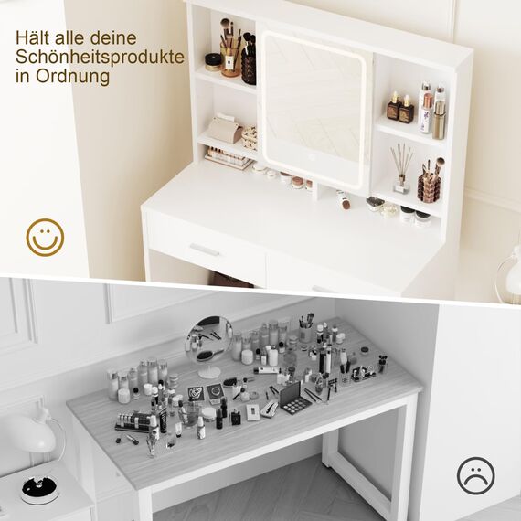 Airfish Schminktisch mit LED Beleuchtung Spiegel, Verstellbar Helligkeitsgeregeltem, Frisiertisch mit 2 Schubladen, Verstellbaren Regalen, Schmuckablage, Modernem Stil (Weiß Schminktisch+Hocker)