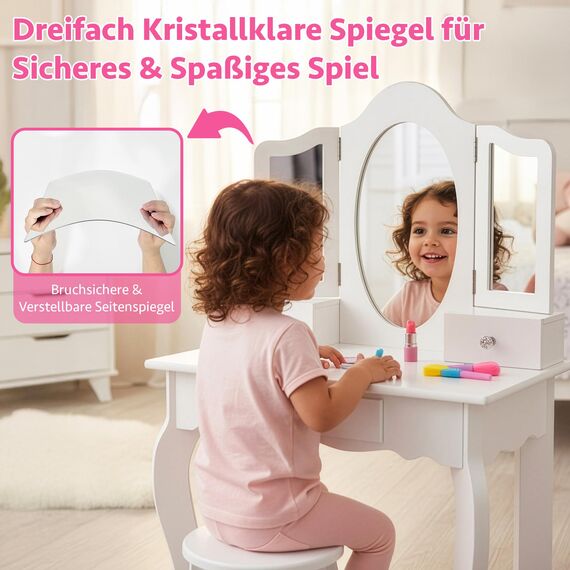 Green series Kinderplay Kids Vanity Table with Mirror – Sturdy Wooden Dressing Table – for Girls’ Bedroom & Pretend Play – White Finish