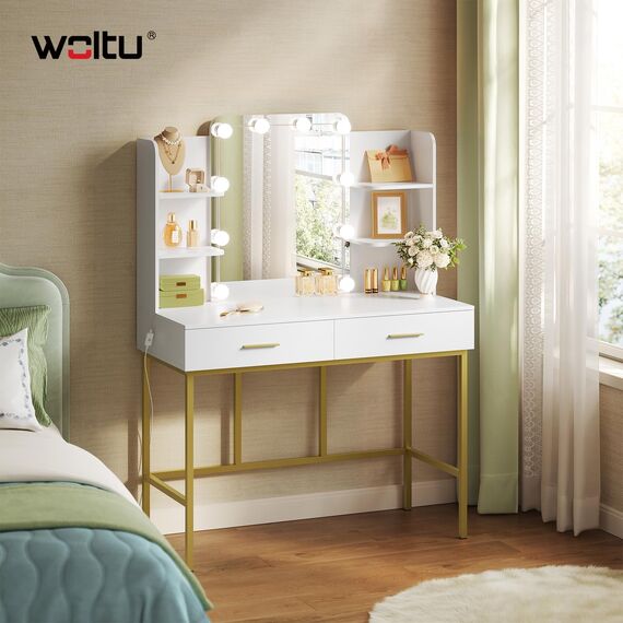 WOLTU Schminktisch mit Spiegel und Beleuchtung, Frisiertisch mit 2 Schubladen und 4 offenen Ablagen, 45 cm Tiefe, Kosmetiktisch für Schlafzimmer, Holz Metall, Weiß Gold, MB6077ws