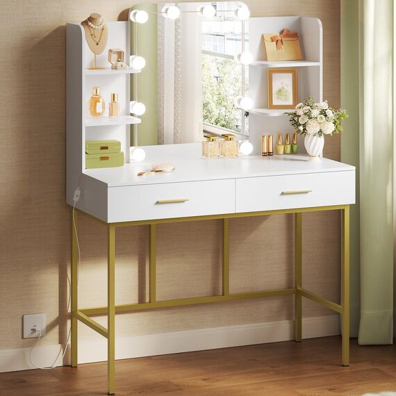 WOLTU Schminktisch mit Spiegel und Beleuchtung, Frisiertisch mit 2 Schubladen und 4 offenen Ablagen, 45 cm Tiefe, Kosmetiktisch für Schlafzimmer, Holz Metall, Weiß Gold, MB6077ws