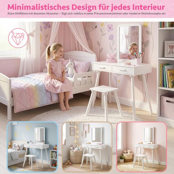 Green series Kinder Schminktisch ab 3 Jahren mit Spiegel & Hocker – Kinderschminktisch aus Holz für Mädchen, Frisiertisch mit Schubladen & Stickern, Geschenk für Kinderzimmer