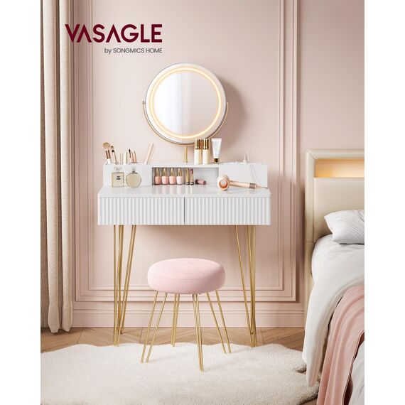 VASAGLE Schminktisch mit Hocker und Beleuchtung, Steckdosenleiste, Spiegel, Frisiertisch, 40 x 80 x 134,8 cm, Kosmetiktisch mit Schubladen, gepolsterter Sitzhocker, mattweiß-blassgold RVT019W01