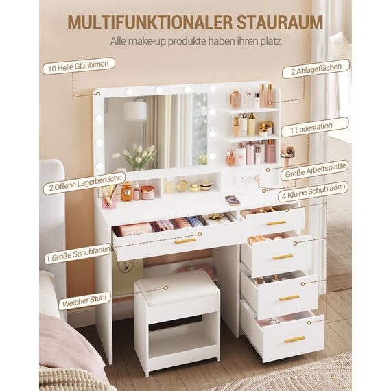 Hzuaneri Schminktisch mit 10 LED-Beleuchtung, Hocker, Frisiertisch mit Große Spiegel, Schminktische mit Stecker, Und Haartrocknerhalter, Und Mehreren Schubladen, Weiß DT42903XEU