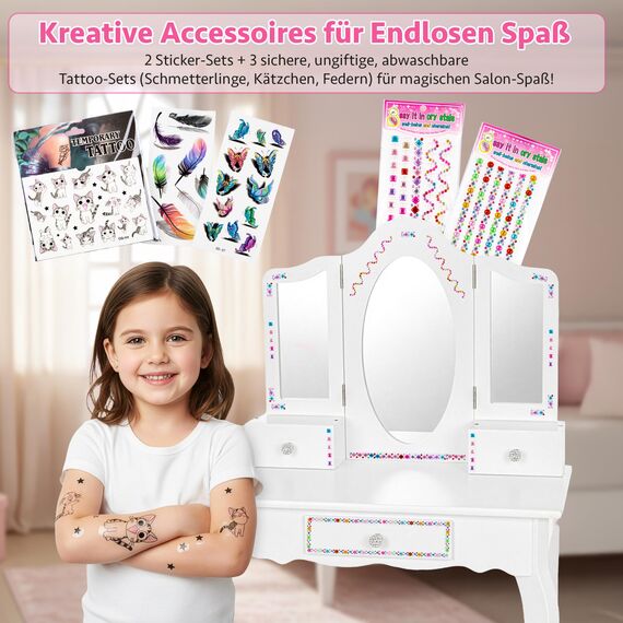 Green series Kinderplay Kids Vanity Table with Mirror – Sturdy Wooden Dressing Table – for Girls’ Bedroom & Pretend Play – White Finish
